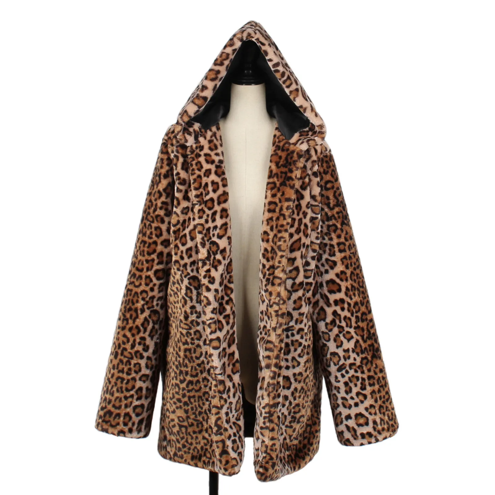 Women's Faux Fur coat Collar Classic Leopard Medium Long Coat female ladies plus Hooded Autumn winter Warm outwear tops