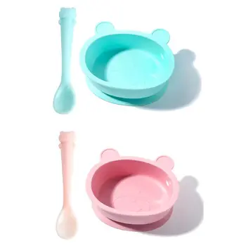 

2 Pcs Baby Cartoon Bear Silicone Suction Cup Base Bowl Spoon Set Kids Tableware Y4QA