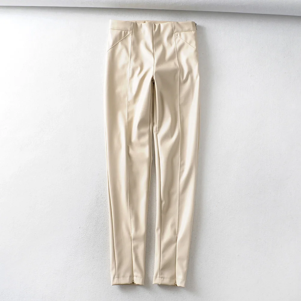 Tangada женские белые обтягивающие штаны из искусственной кожи стрейч на молнии женские осенние зимние узкие брюки 6A04 - Цвет: Бежевый