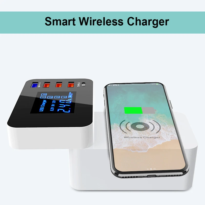ЖК-дисплей 8A 4 usb порта QC3.0 быстрое зарядное устройство Беспроводное зарядное устройство USB концентраторы с портом type C для смартфонов планшетов MP4
