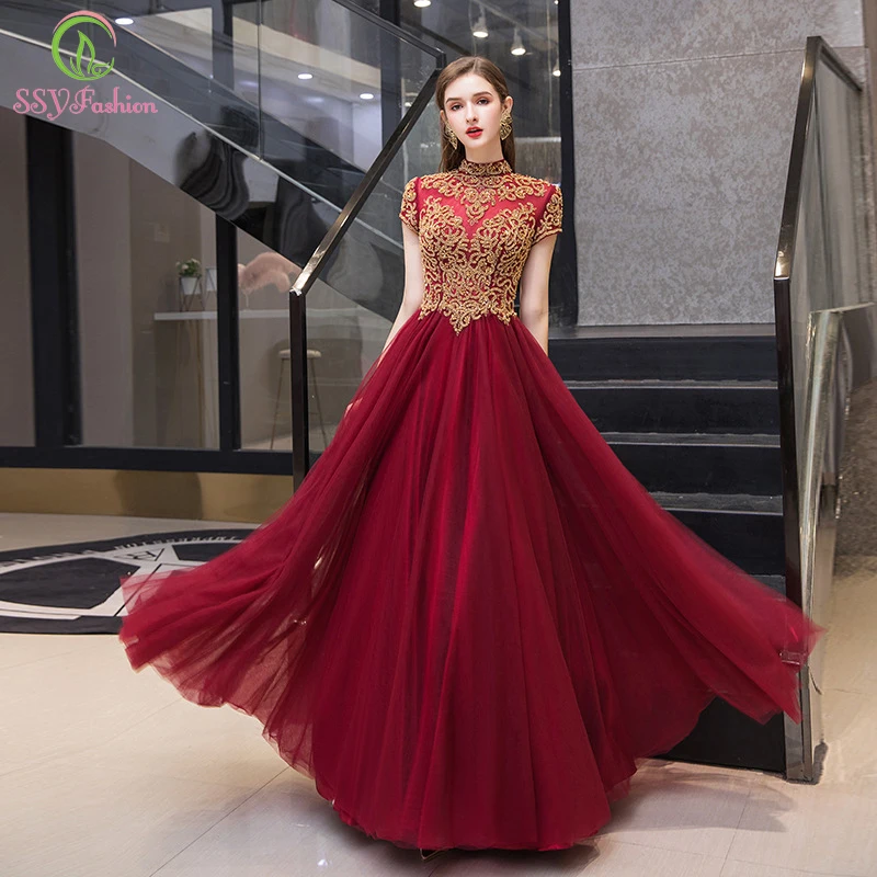Женское винтажное вечернее платье SSYFashion элегантное банкетное винного цвета с