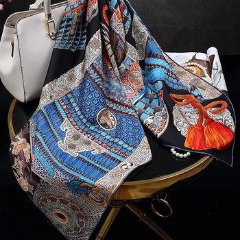 

100% Twill Silk Scarf Women Printing Design Classic Square 90*90cm Handmade Hemming Elegant Scarves Neckerchief New Fashion