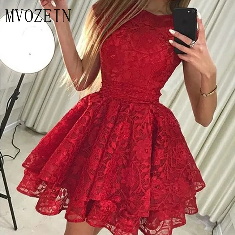 Vestido de festa, красное платье для выпускного вечера с круглым вырезом, без рукавов, выше колена, платье для выпускного вечера, кружевные короткие вечерние платья - Цвет: same as image