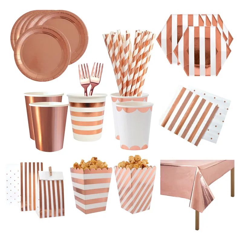 

Disposable Party Tableware Set Rose Gold Paper Plates Napkins Straws Cups Wedding Birthday Party Decoration Kids Party Supplies