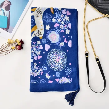 

BOHO blue print scarf women autumn spring South Korea elegant long blue tassel scarf shawl foulard femme accesorios mujer