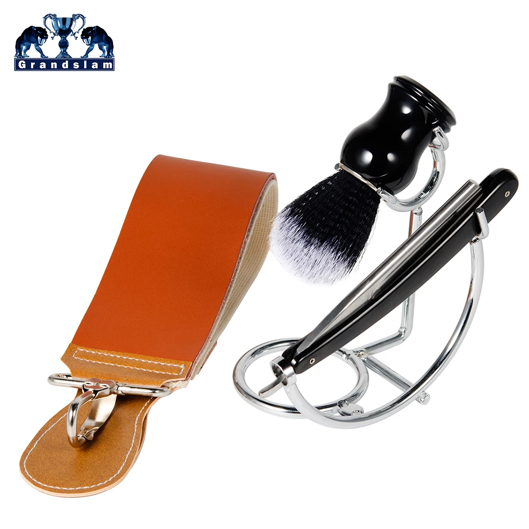 

Grandslam Shaving Razor Blade Set Shave ready Gold dollar 66 Straight Razor Synthetic Nylon Brush Holder Stand Leather Strop Kit