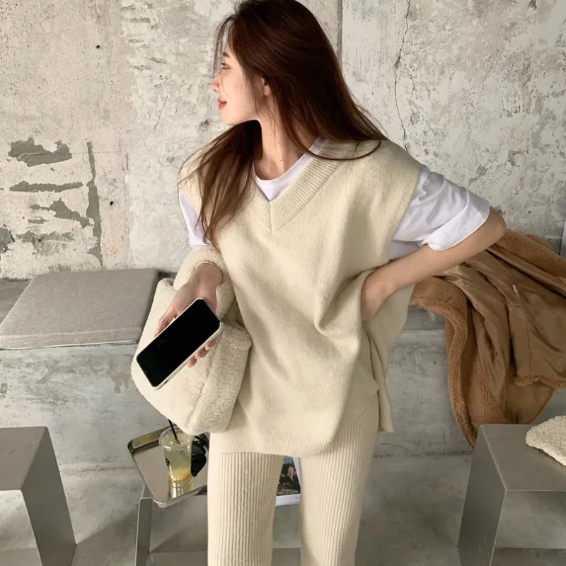 Women's Casual Matching Sets Oversized Solid Vneck Knitting Vest