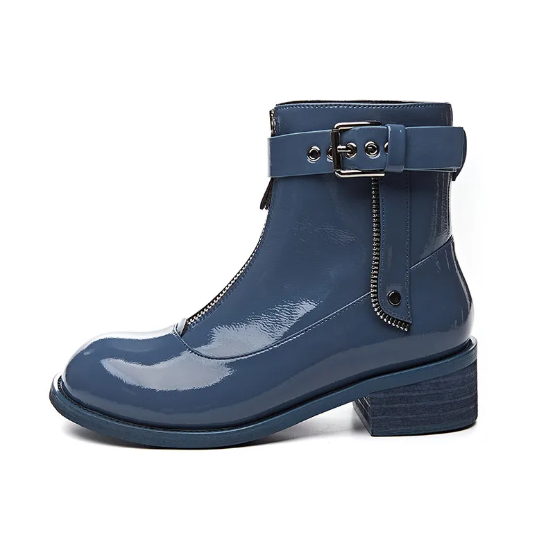 FEDONAS; Классический дизайн; женские ботильоны на молнии спереди; сезон осень-зима; женские вечерние туфли с круглым носком; женские ботинки из лакированной кожи - Цвет: Синий