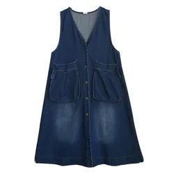 Denim colete vestido feminino solto plus size com decote em v sem mangas verão casual feminino maxi calças de brim compridas vestidos 2022