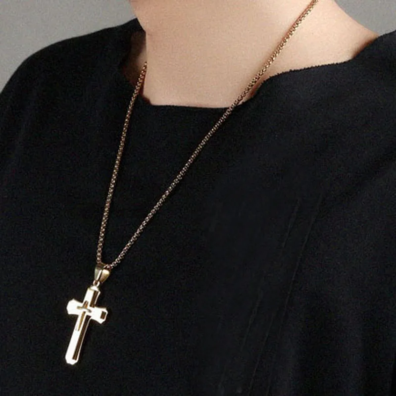 Punk Men Fashion Mens Boys Gold Stainless Steel Cross Pendant Necklace Drop Shiping