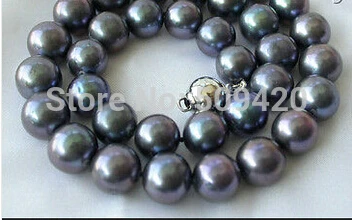 free shipping >stunning big 12mm perfect round black freshwater pearl necklace silver