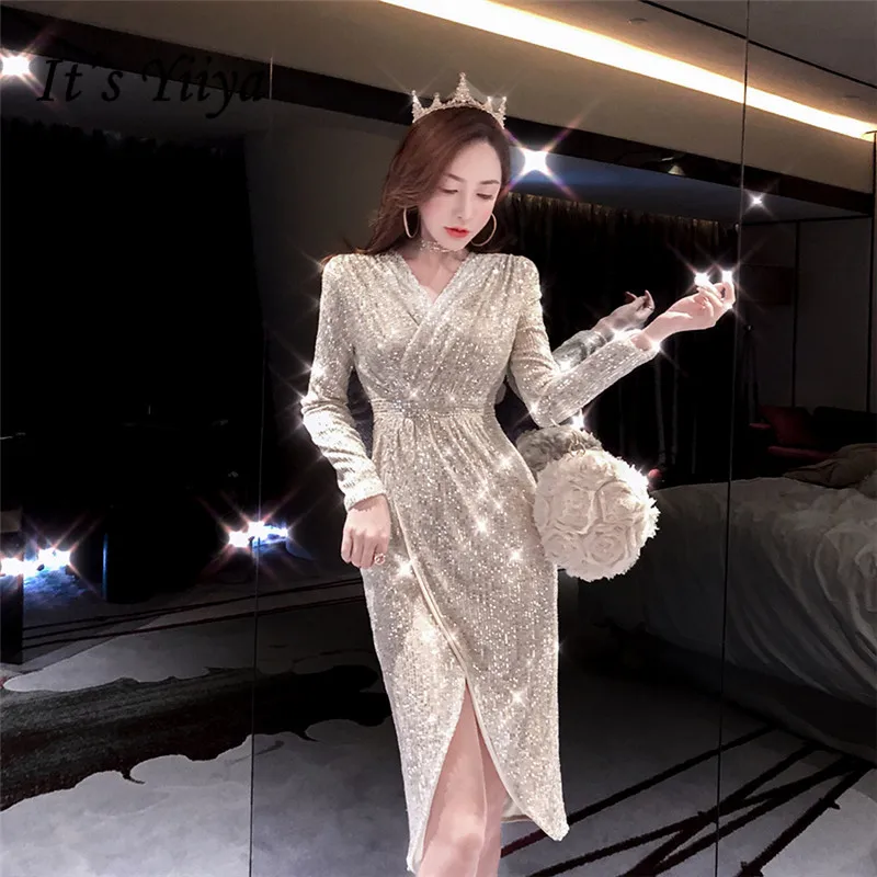 

It's Yiiya Evening Dresses Apricot Sequined Shining Full Sleeve Evening Gowns Elegant Tea-Length robe de soiree For Women K056