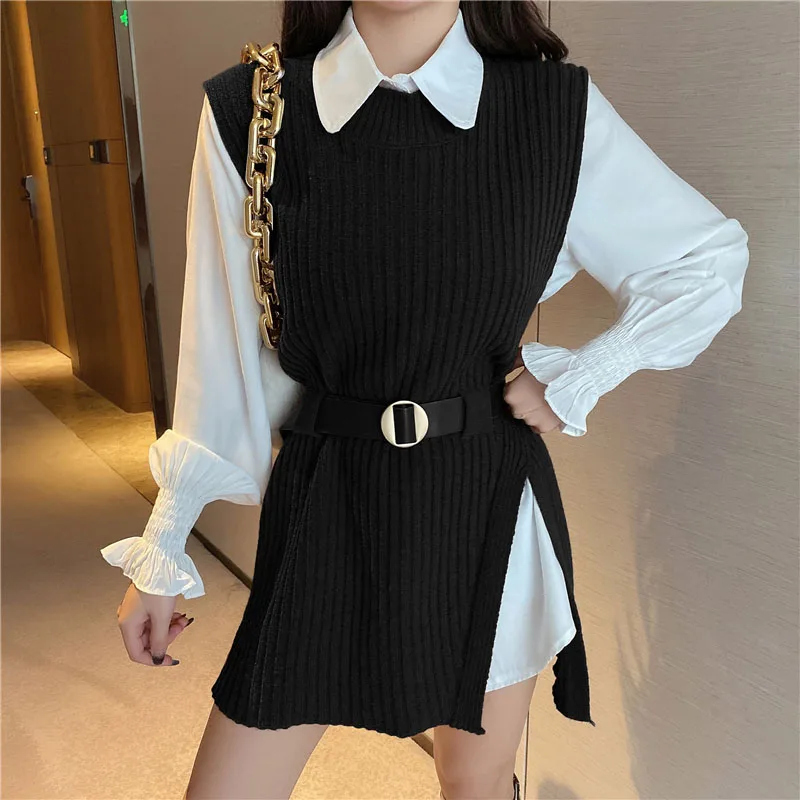 2021 Spring New Two-Piece Set Fashion Women Lantern Sleeve White Shirt Top + Casual Split knitted sweater Vest With Belted |