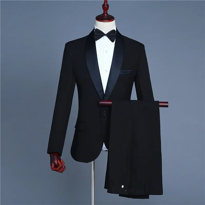 Белый/черный модный приталенный мужской повседневный костюм с воротником-шалькой(пальто+ брюки), костюм на одной пуговице для танцевальной вечеринки, банкета, свадьбы - Цвет: as picture