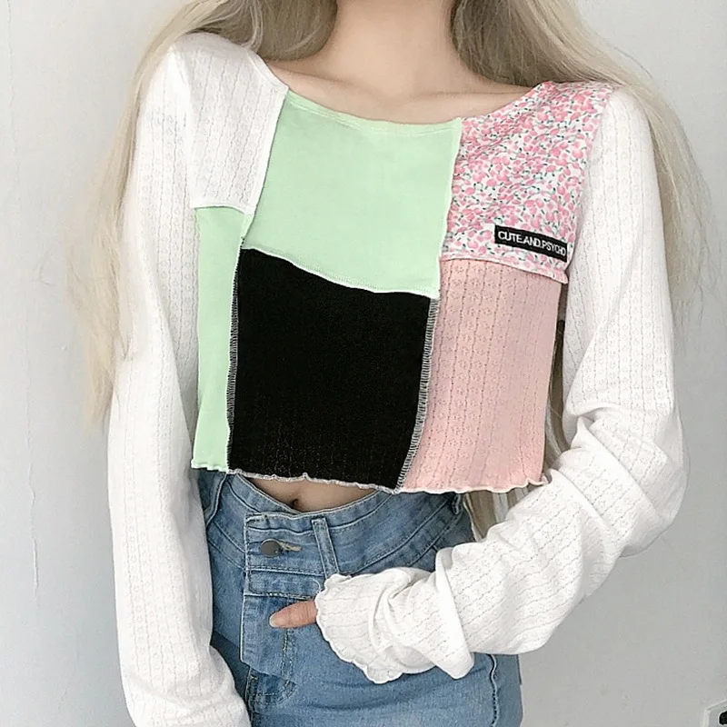 

2020 Autumn European and American Style New Women's Lettered Small Embroidery Stitching Navel Loose Long-Sleeved T-shirt Jumper