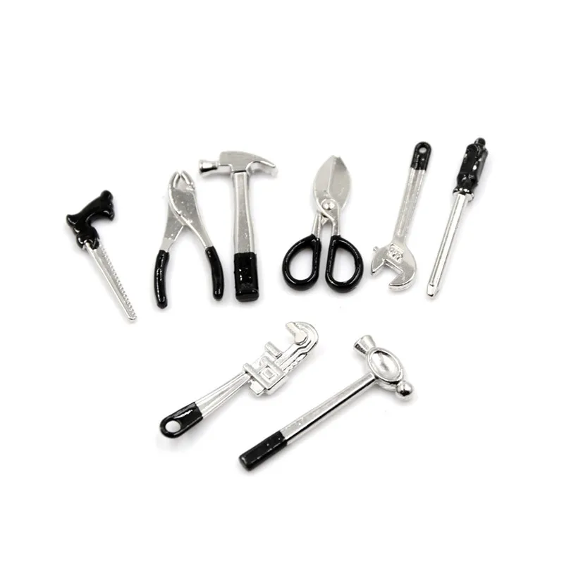 8pcs 1:12 Metal Hand Tool Set 1 Scissors/Wrench/Caliper/Screwdriver/Plier/Saw 2 Hammers 1/12 Dolls Houses Miniature 8