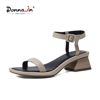 

Donna-in Buckle Strap Sandals Women Heels Black Open Toe Genuine Leather Women Shoes 2020 Gladiator Sandals Office Lady Quality