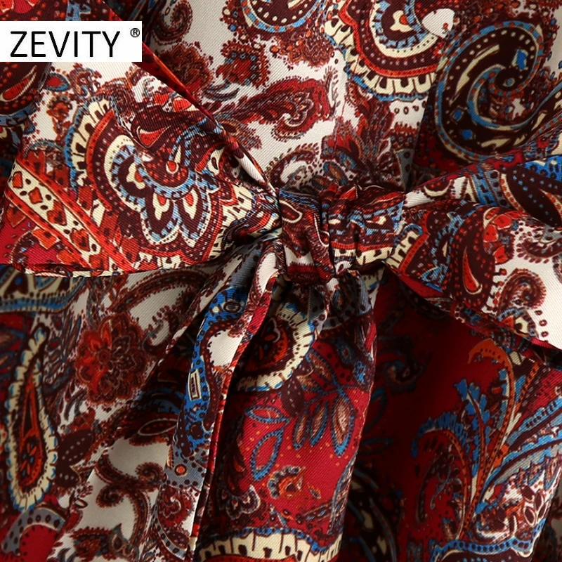 ZEVITY women vintage totem flower print bow tied sashes shirt dress female long sleeve paisley retro vestido chic dresses DS4439