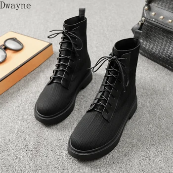 

2019 autumn single flat bottom knit socks boots women's belt British wind Martin boots black wild elastic slim boots