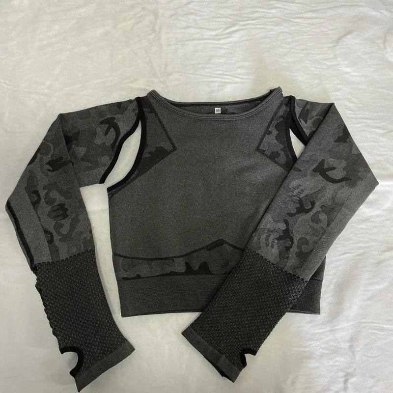 black top Спортивный бесшовный комплект для занятий йогой, камуфляжная одежда для занятий спортом для спортивного зала, женские леггинсы, дышащий костюм для йоги с длинными рукавами, 2 шт - Цвет: black top