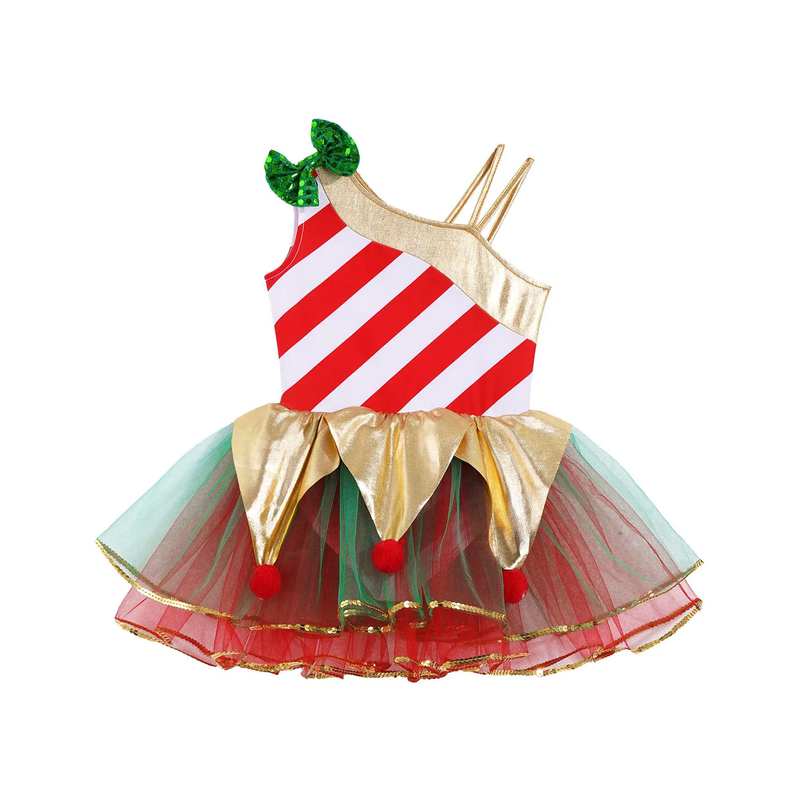Cosplay Costume Kids Girls Dress Kids Girls Elf Christmas Carnival Cosplay Costume Candy Cane Xmas Dress Stripes Sequins Adorned Mesh Ballet Tutu Bodysuit