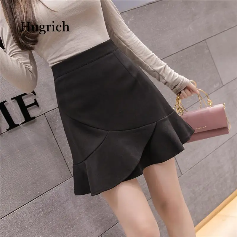 Womens High Waist Trendy Ruffles Elegant Females Harajuku Mini Skirt Streetwear Simple Leisure All-Match Black Fashion