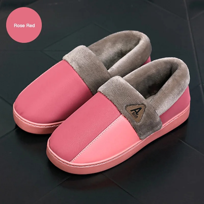 Теплые хлопковые тапочки из толстого плюша мужские ботильоны из искусственной кожи на меху без шнуровки для влюбленных домашняя обувь мужская обувь, большие размеры 36-44 - Цвет: Dark Pink