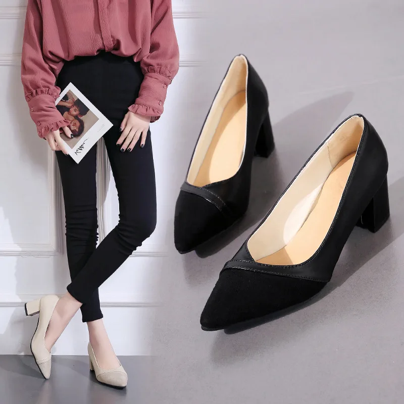 

High Heel Shoes Women's 2019 New Style Korean-style Pointed-Toe Spring Chunky-Heel Semi-high Heeled Versatile Hipster WOMEN'S Sh