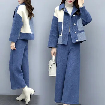

Autumn Winter Woolen Two Piece Sets Outfits Women Plus Size Color-blocked Coat And Wide Leg Pants Suits Elegant Korean Sets 2019