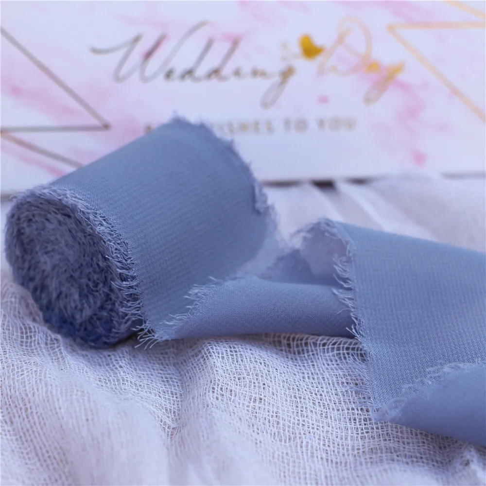 4 см х 5,5 м прозрачная потрепанная обрезная шифоновая шелковая лента свадебные приглашения букеты ручной работы пыльная роза лента с бахромой ремесло Flatlay Prop - Цвет: Dusty Blue