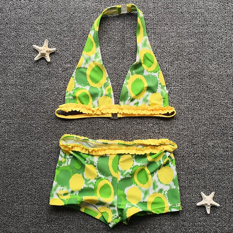 

6-16 Years Girl Swimsuit Kids Print Two Piece Children Swimwear with Trunk Halter Top Teenager Girl Bikini Ruffle Girl Swim Wear