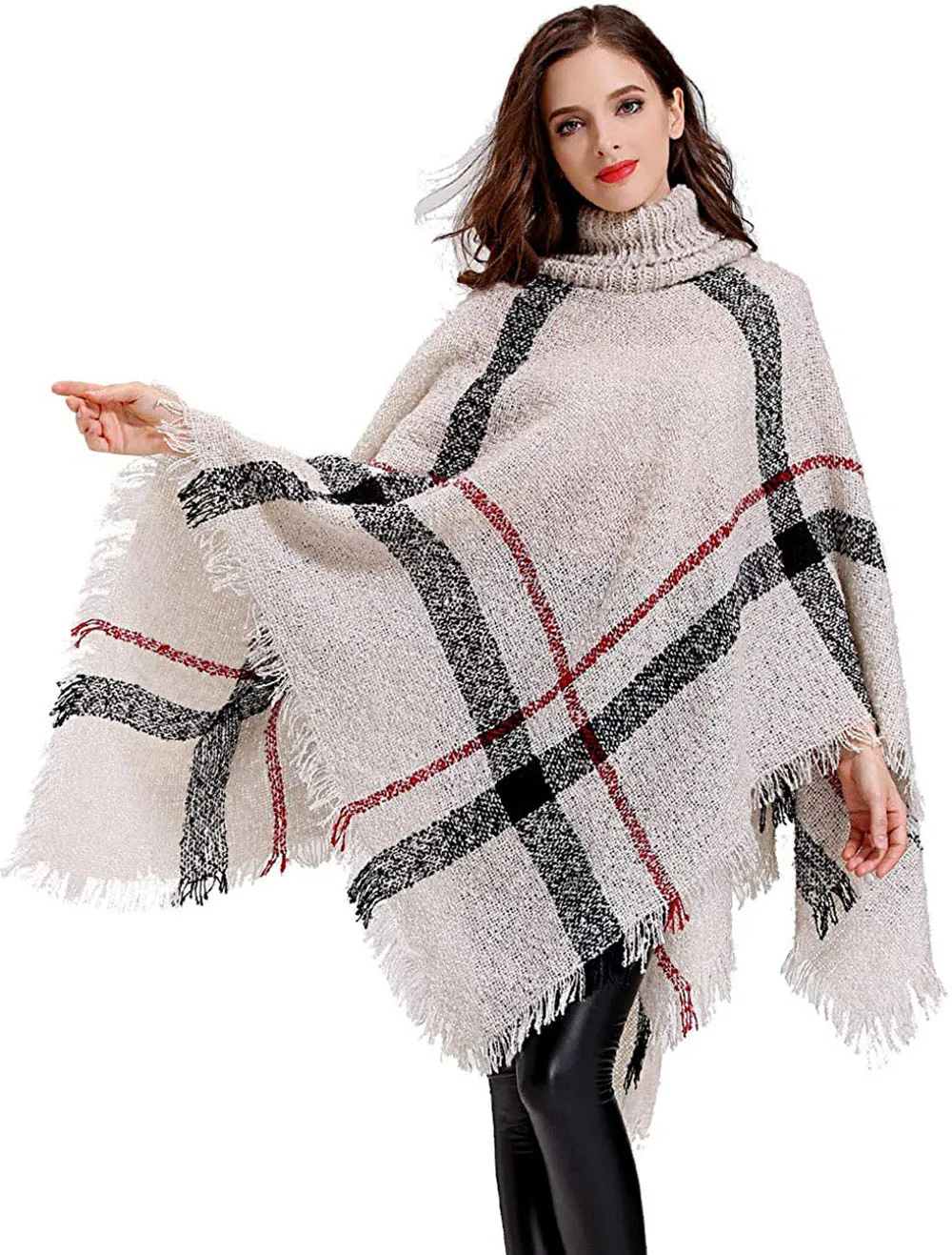 Женская теплая шаль для спорта на открытом воздухе, Boho, свободное пончо в клетку с кисточками, джемпер с высоким воротом, вязаный пуловер большого размера, свитер, топы