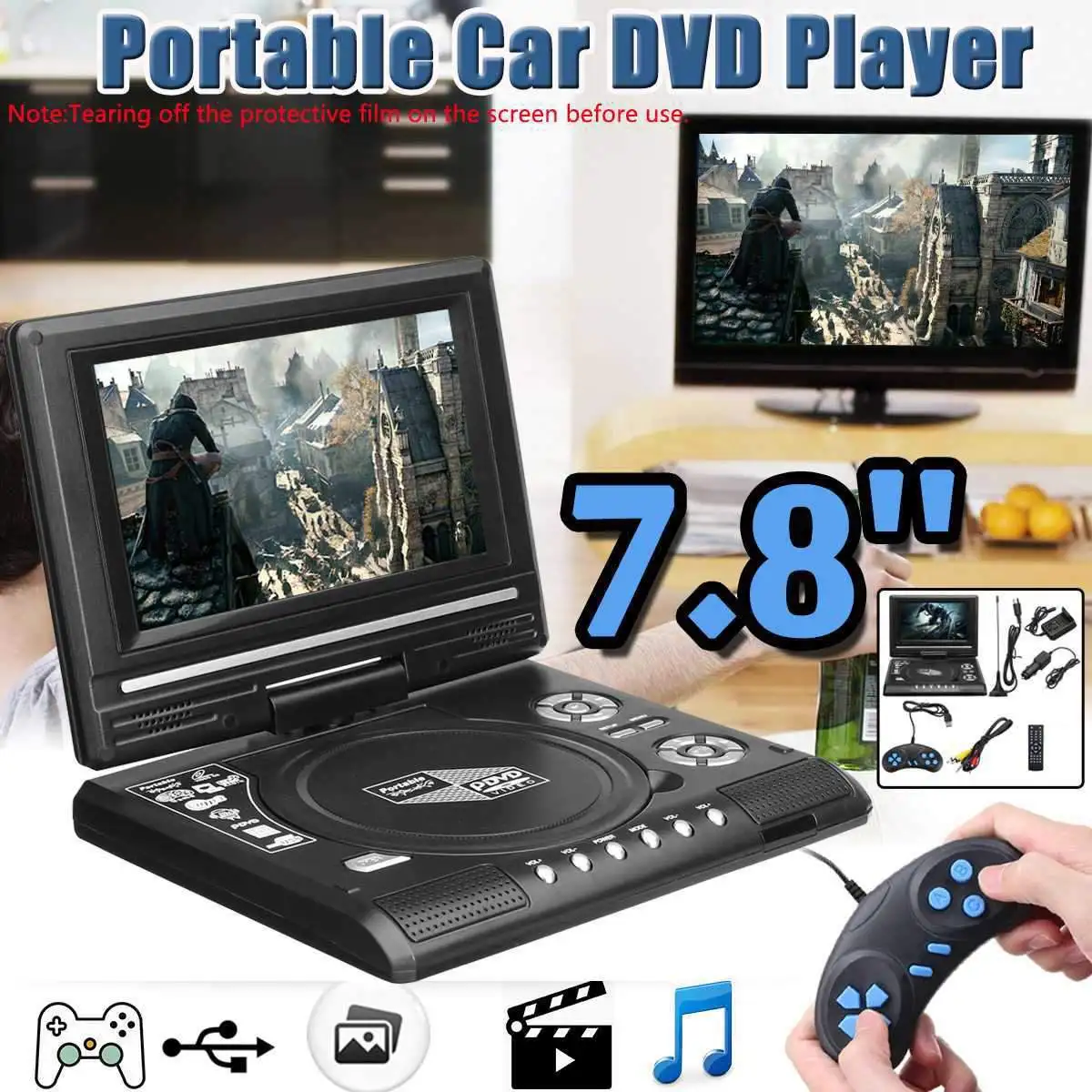 7,8 дюймов портативный HD tv домашний автомобильный dvd-плеер VCD CD MP3 dvd-плеер USB SD карты RCA ТВ портативный кабель игровой 16:9 вращающийся ЖК-экран