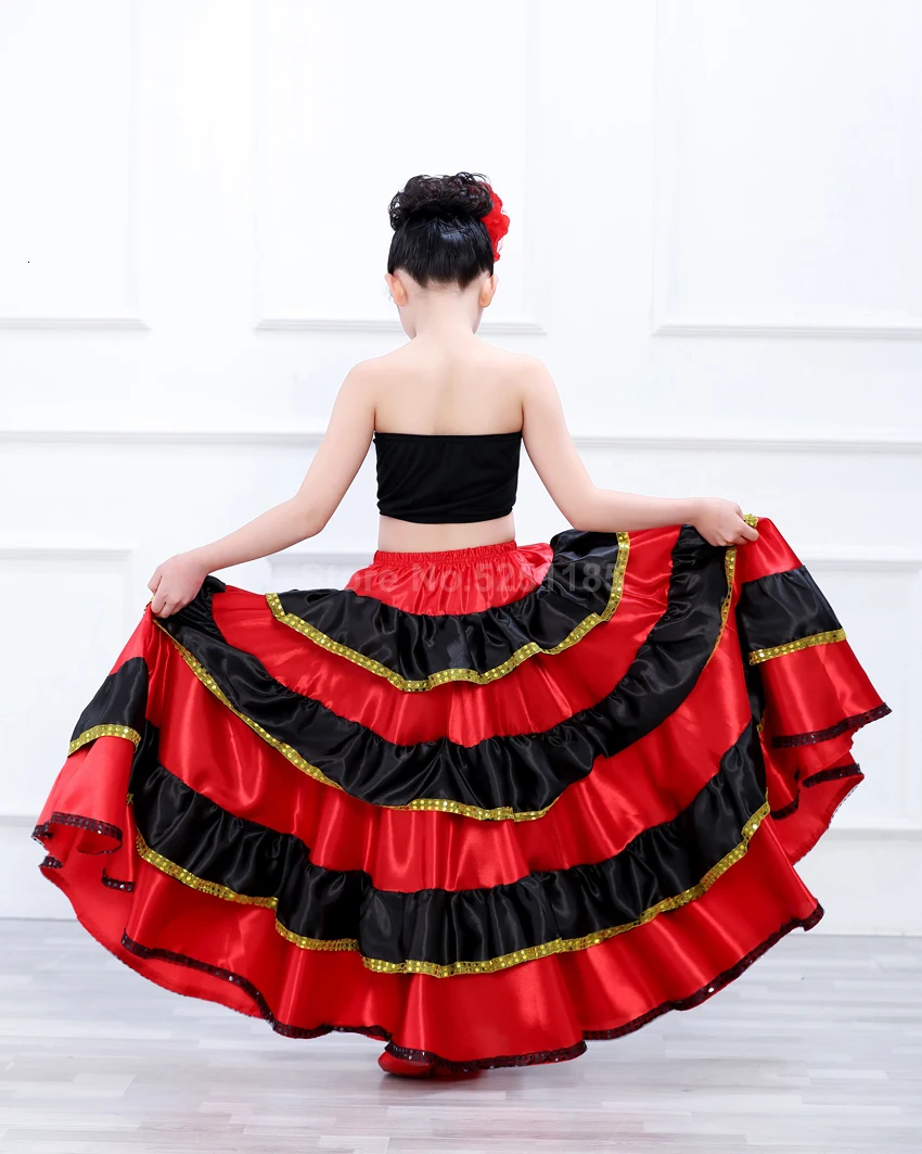 Цыганский стиль принцесса девушки танец живота костюмы испанская традиционная юбка в стиле фламенко атласная гладкая плюс размер Пышная юбка платье