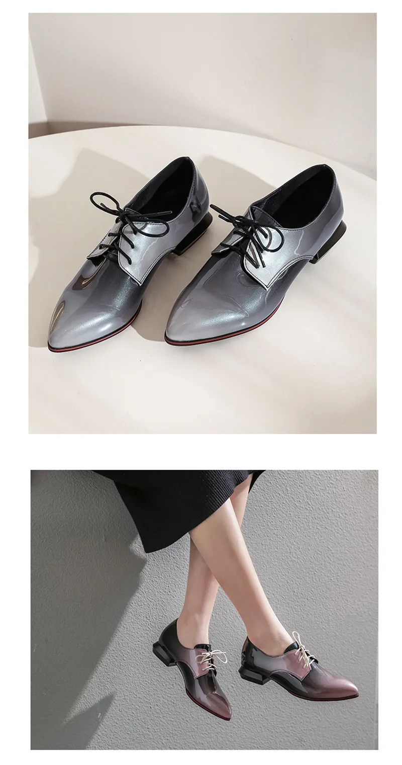 Large Size 33-50 Women Flats Sexy Gradient Patent Leather Low-Heeled Oxford Shoes For Woman 2020 Pointed Toe Lace-Up Lady Flats (5)