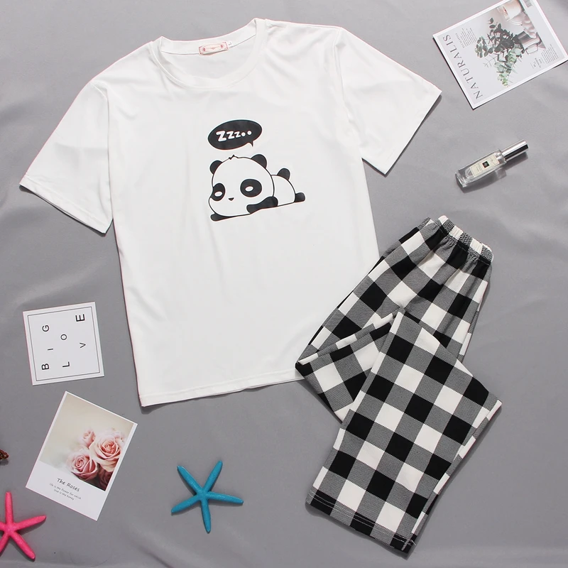 

Cartoon Panda Printing Pajamas Set Women's Soft Comfortable Pajamas Short Sleeve Tops With Long Trousers Ladies Pj Set Home Suit