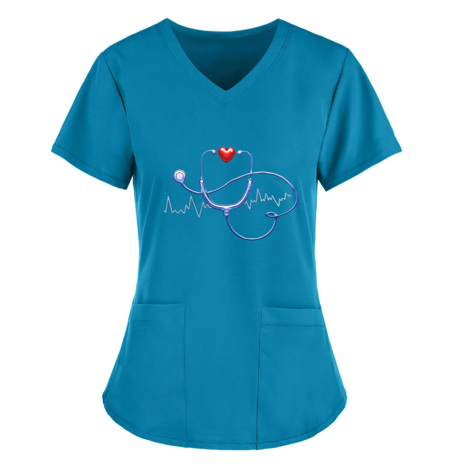 Nurse Scrubs Top Nurse Uniform Suits Nurse Uniform Dress Working Uniform Blouse Work Uniform Sets Women Heart Print Short Sleeve V Neck Tops Printing Pocket Blouse Pet Grooming