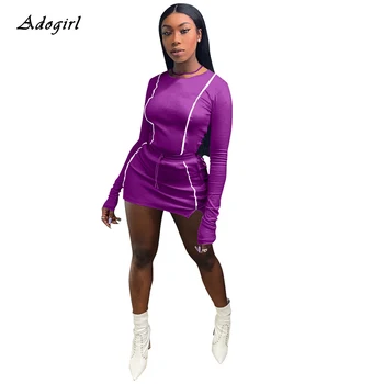 

Reflective Striped Knit Rib Two Piece Set Sexy Pullover Hoodie With Mini Skirt Tracksuit Women Bodycon Patchwork Club Outfit