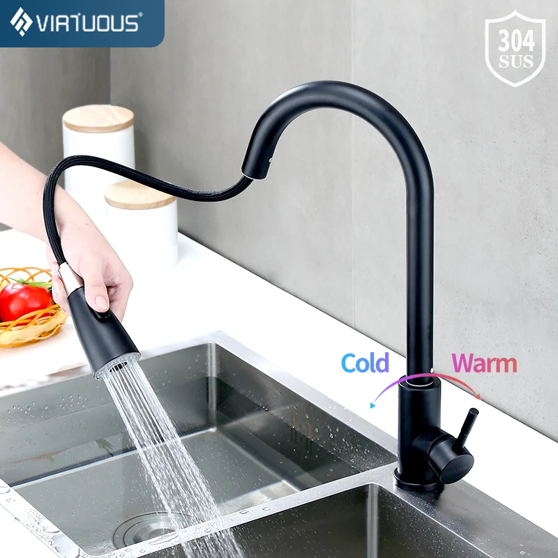 

VIRTUOUS CF-10084 Pull Out Kitchen Faucets with 2 Spray Modes Sink Mixer Tap Swivel Spout Sink Stainless Steel Faucets Tap