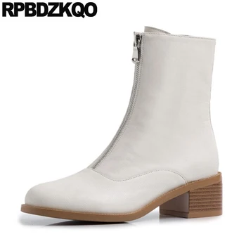 

genuine leather beige custom block fashion women ankle boots medium heel chunky front zipper shoes 2019 square toe fur short mid