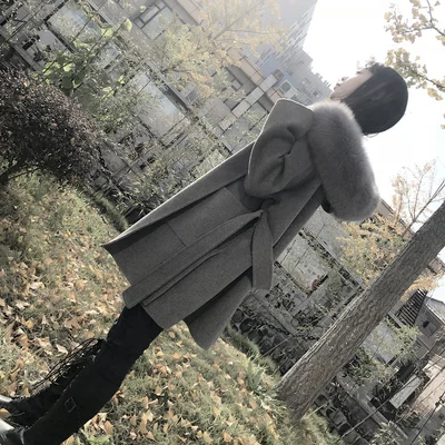 Women Wool Blend Coat fox Fur Collar Hooded jacket fashion new real fur coat long streetwear thick warm parka - Цвет: 2