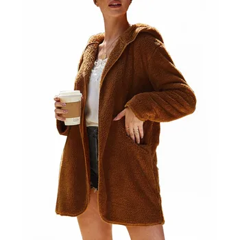 

Women Solid Color Plush Hooded Cardigan Long Loose Warm Sweater Coat Long-sleeved Green Brown Outwear Tops New