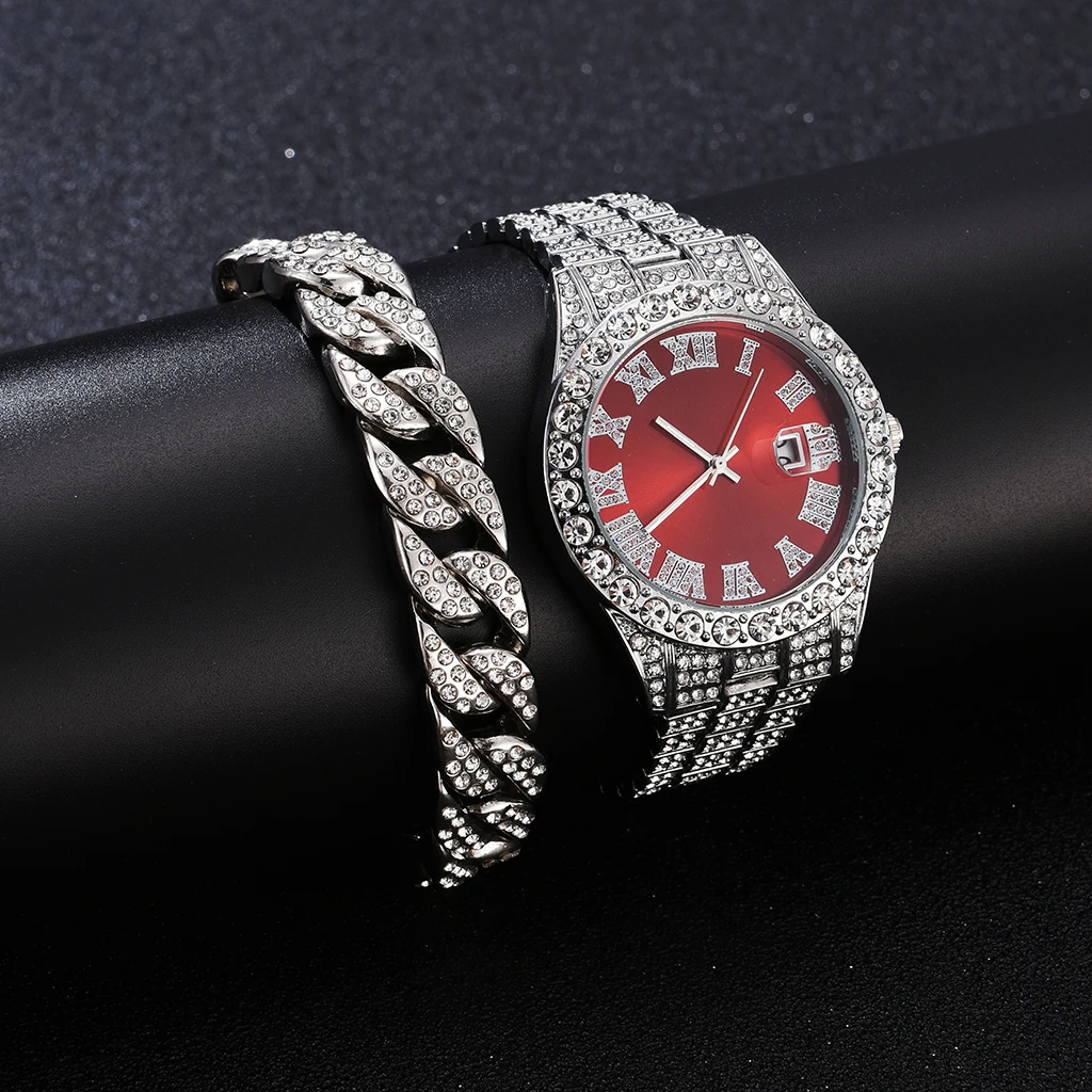 2 Pcs Watch+bracelet Hip Hop Stainless Steel Gold Color Calendar Watch For Men Iced Out Paved Rhinestones Men Watch Reloj Hombre