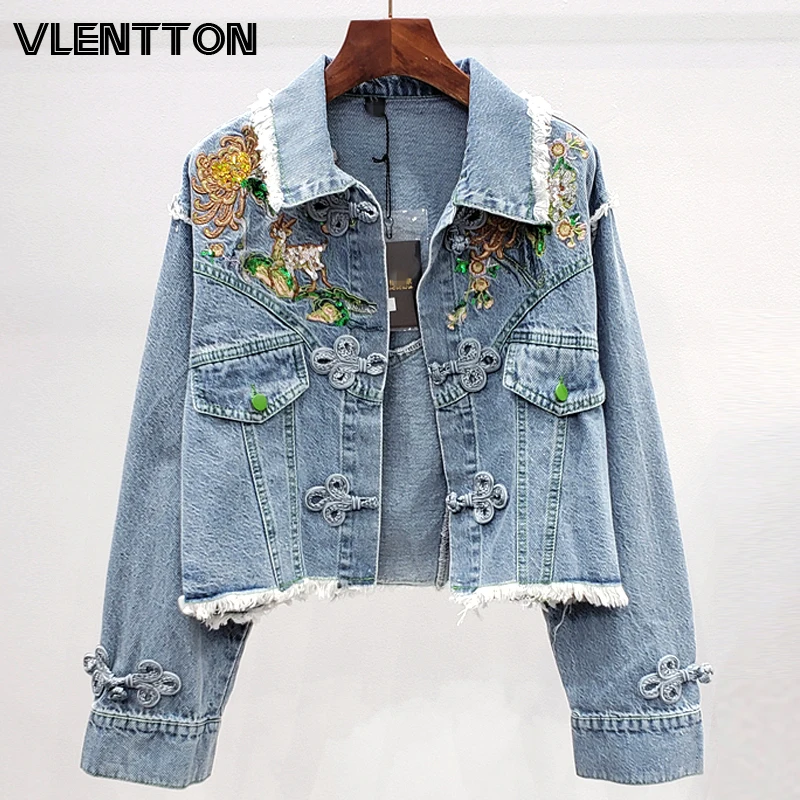 

2020 Spring Blue Vintage Floral Embroidery Women Denim Jacket Harajuku Sequins Tassel Loose Short Jeans Coat Female Cowboy Tops