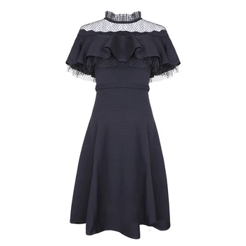 

VERDEJULIAY New Runway Black Dress Women 2020 Summer Spring New See-Through Ruffled Sleeve Highly Elastic Knitting Midi Dress