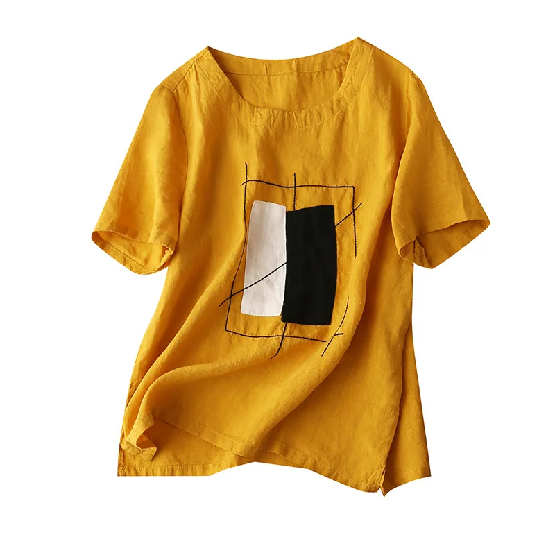 

100% Linen Casual Geometric Print Women Summer Shirts and Blouses O-Neck Top Ete Femme 2020 Women's Summer Clothing