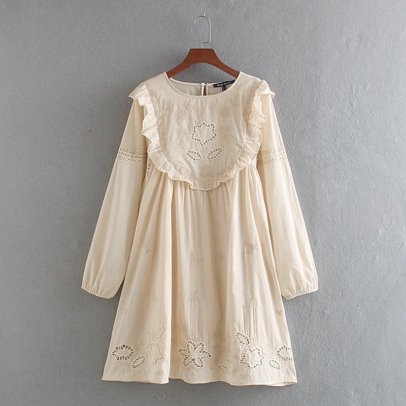 

2020 Spring Clothing New Style French Artistic Embroidered Long-sleeve Round-collar Dress Versatile Retro GIRL'S Medium-length D
