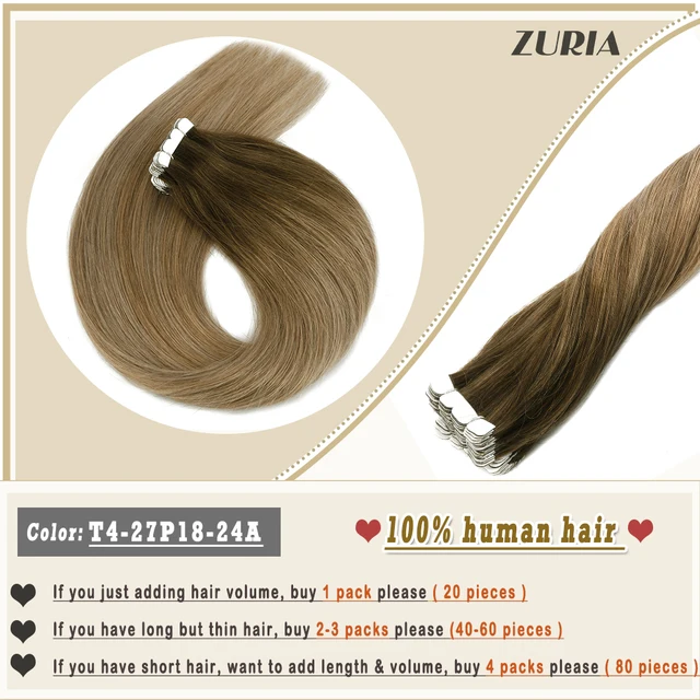 ZURIA Mini Tape In Hair Extensions Machine Remy Natural Hair Extensions Human Hair Straight 20 Inchs Seamless Adhesive Skin Weft T4-27 T8-24A