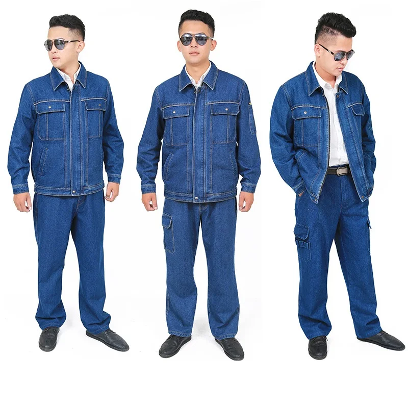용접 의류 데님 작업복, 긴 소매 내구성 내마모성 청바지 재킷 바지, 멀티 포켓 전기 수리공