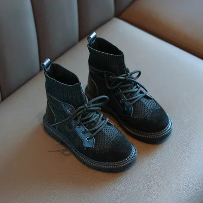 Детская обувь для девочек; Ботинки martin; модные детские носки с переплетением; высокие ботильоны; дышащая обувь принцессы; Цвет Черный - Цвет: Черный